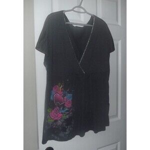 Torrid Vintage Cotton Tattoo Flower Bird Heart Short Sleeve Top 26" bust gray